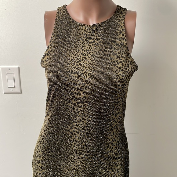 Alexia Admor Dress Sleeveless Bodycon Midi Leopard Animal Print Gold Green Large - Picture 2 of 12